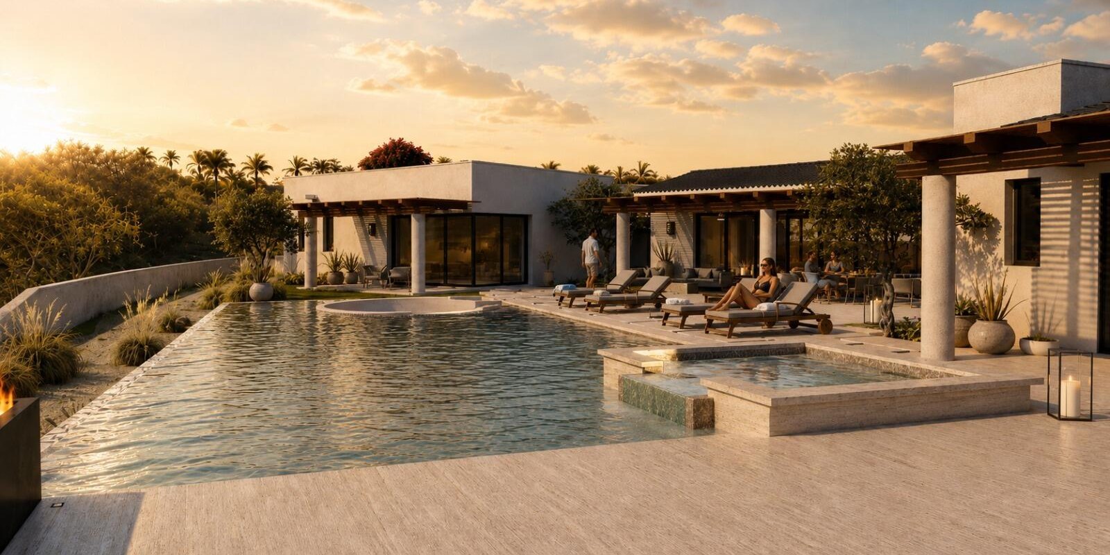 Alberca y jardin de una residencia en Puerto Los Cabos al atardecer, con el Mar de Cortes al fondo