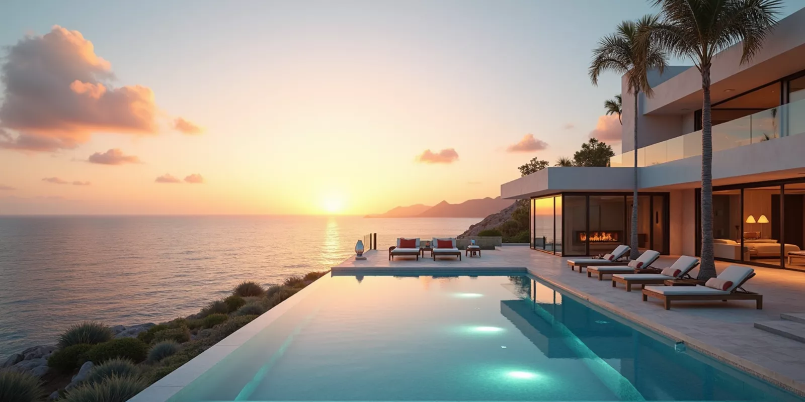 Villa de lujo con alberca infinita frente al mar en Los Cabos al atardecer