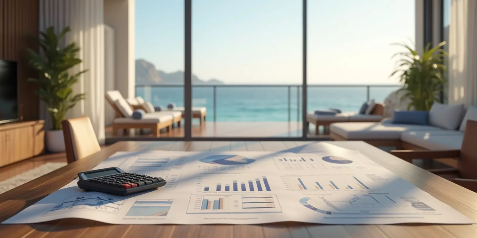 Escritorio con planos y análisis de mercado para valuar una propiedad en Los Cabos con vista al mar