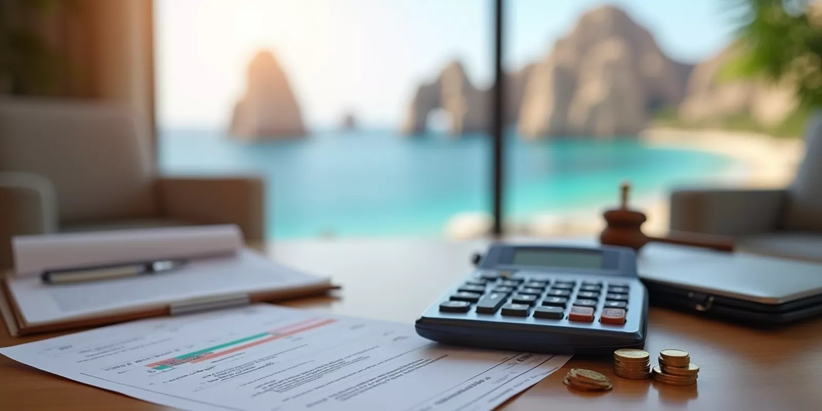 Calculadora, documentos fiscales y monedas sobre un escritorio con vista al mar en Los Cabos