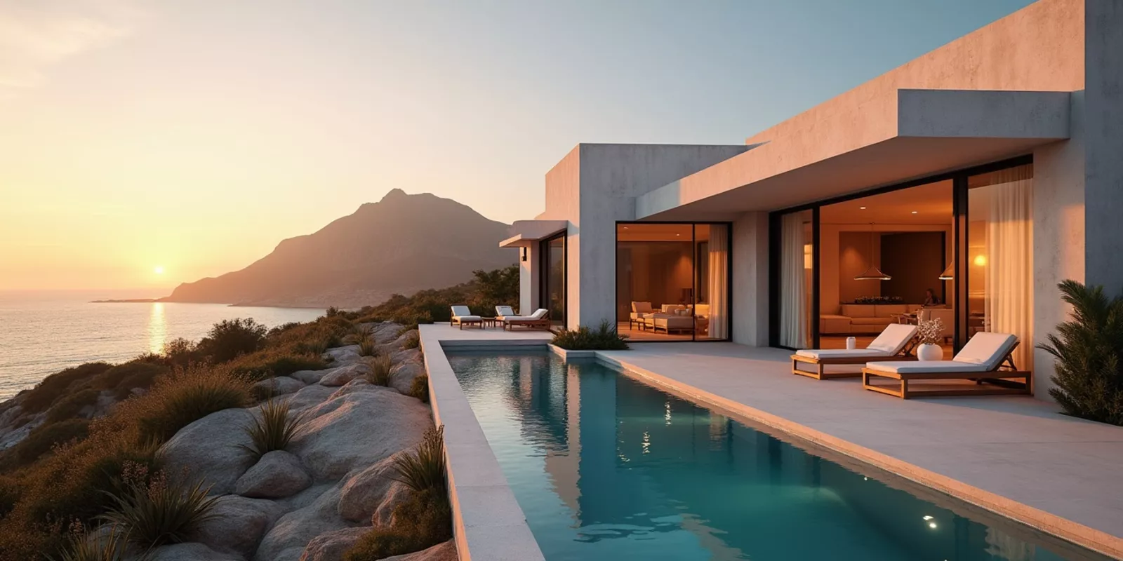 Casa moderna con alberca frente al mar en Los Cabos al atardecer, propiedad en venta