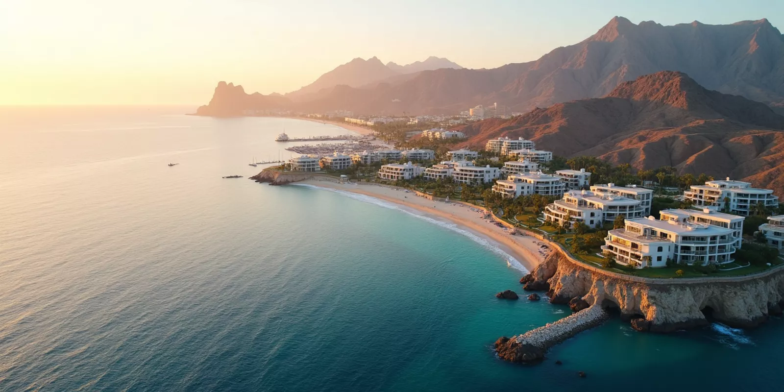 Vista aérea de la costa de Los Cabos con desarrollos residenciales frente al mar al atardecer