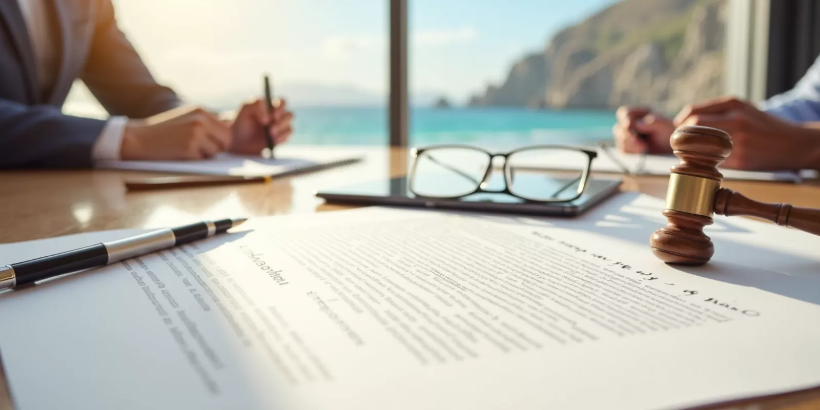 Documentos legales y firma notarial para la venta de una propiedad en Los Cabos con vista al mar
