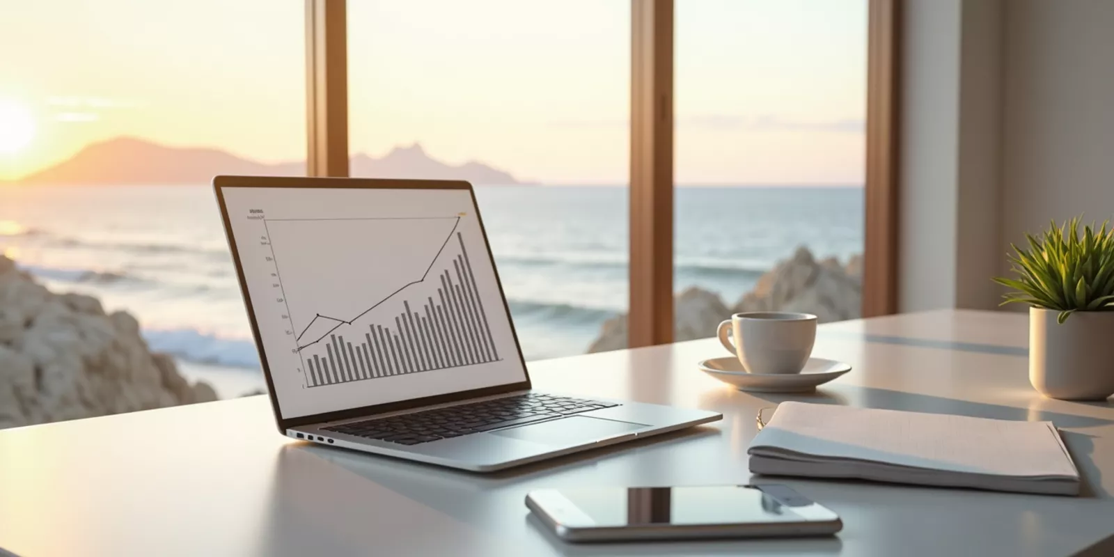 Escritorio con laptop mostrando gráfica de crecimiento y vista al mar en Los Cabos, estrategia para agentes inmobiliarios