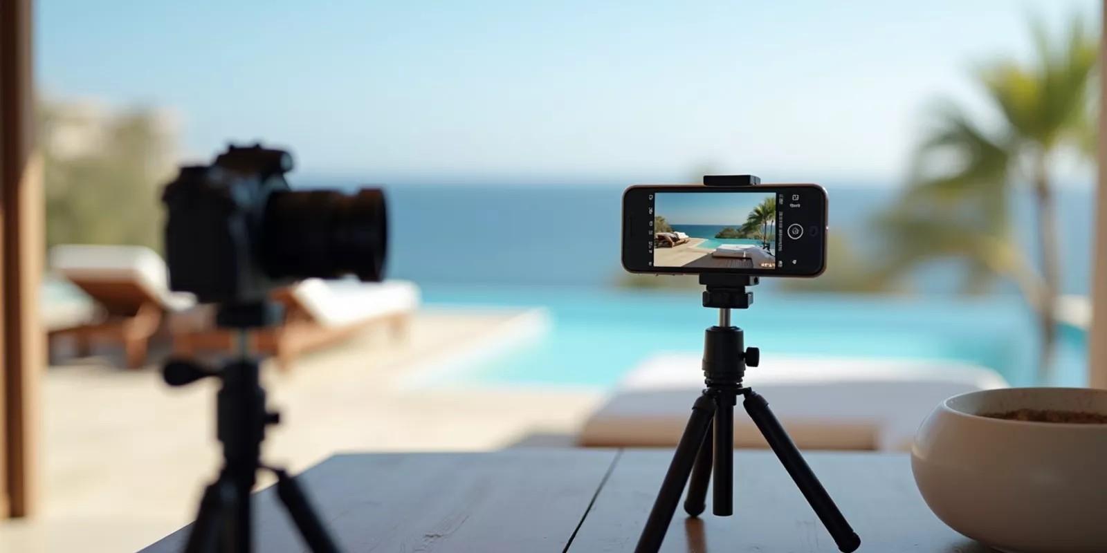 Equipo de video y cámara para creación de contenido inmobiliario con vista a una terraza en Los Cabos