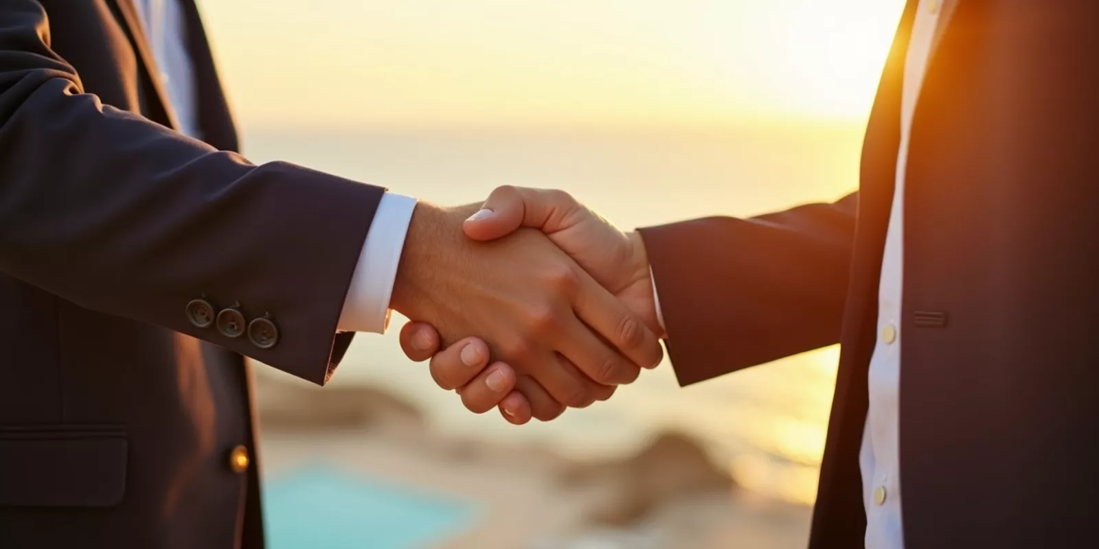 Apretón de manos entre profesionales frente al mar, alianzas y networking para agentes inmobiliarios en Los Cabos