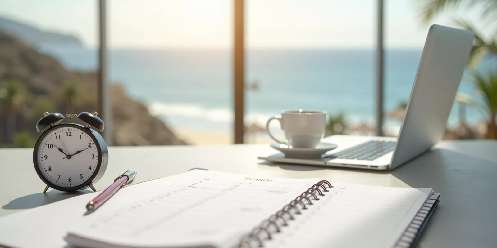 Escritorio organizado con reloj, agenda y laptop frente al mar, gestión del tiempo para agentes inmobiliarios en Los Cabos