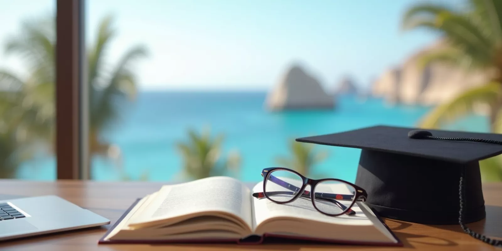 Libro, birrete y lentes sobre un escritorio con vista al mar, formación profesional para agentes inmobiliarios en Los Cabos