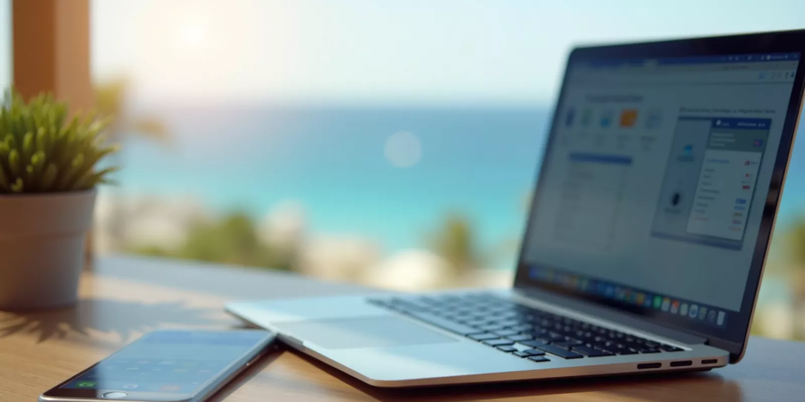 Laptop y tablet sobre un escritorio con vista al mar, herramientas digitales para agentes inmobiliarios en Los Cabos